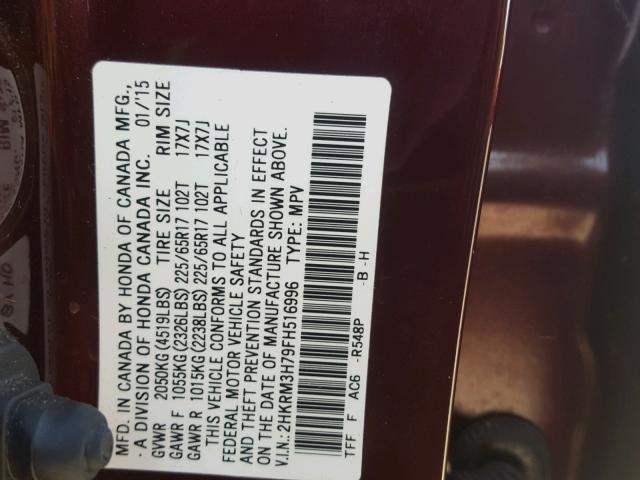 2HKRM3H79FH516996 - 2015 HONDA CR-V EXL BURGUNDY photo 10