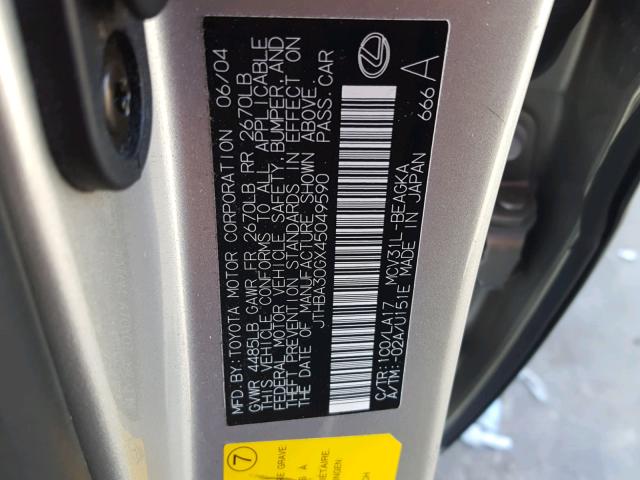 JTHBA30GX45049590 - 2004 LEXUS ES 330 GRAY photo 10