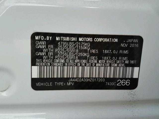 JA4AD2A30HZ017203 - 2017 MITSUBISHI OUTLANDER WHITE photo 10