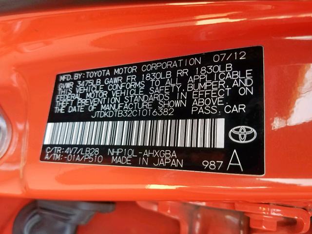 JTDKDTB32C1016382 - 2012 TOYOTA PRIUS C ORANGE photo 10