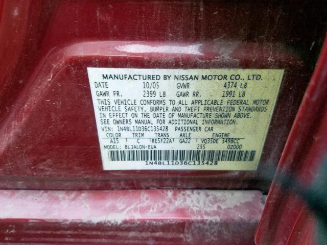 1N4BL11D36C135428 - 2006 NISSAN ALTIMA SE BURGUNDY photo 10