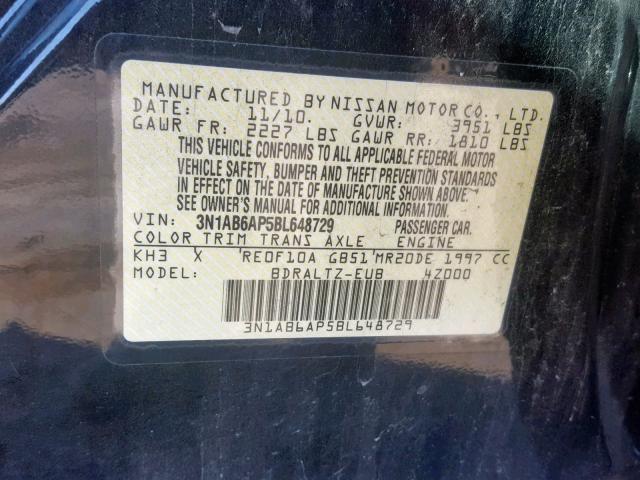 3N1AB6AP5BL648729 - 2011 NISSAN SENTRA 2.0 BLACK photo 10