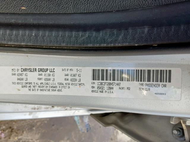 1C3BC2FG9BN571402 - 2011 CHRYSLER 200 LIMITE SILVER photo 10