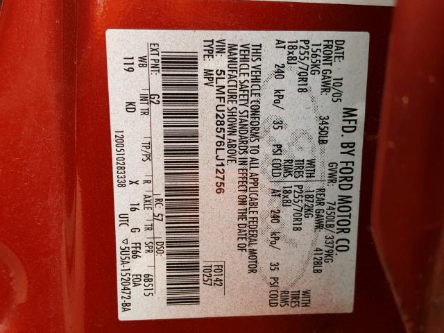 5LMFU28576LJ12756 - 2006 LINCOLN NAVIGATOR Қызыл фото 10