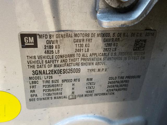 3GNAL2EK0ES626009 - 2014 CHEVROLET CAPTIVA LS 银色 照片 10