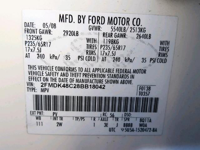 2FMDK48C28BB18042 - 2008 FORD EDGE SEL WHITE photo 10