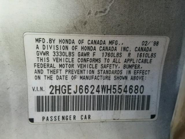 2HGEJ6624WH554680 - 1998 HONDA CIVIC DX WHITE photo 10