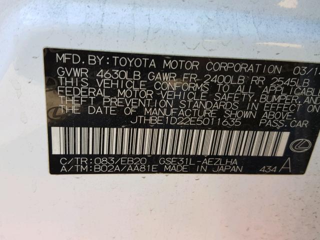 JTHBE1D22E5011635 - 2014 LEXUS IS 350 WHITE photo 10