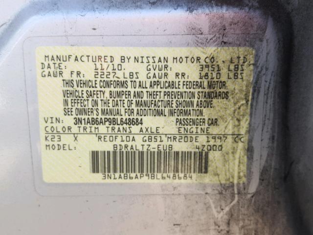 3N1AB6AP9BL648684 - 2011 NISSAN SENTRA 2.0 SILVER photo 10