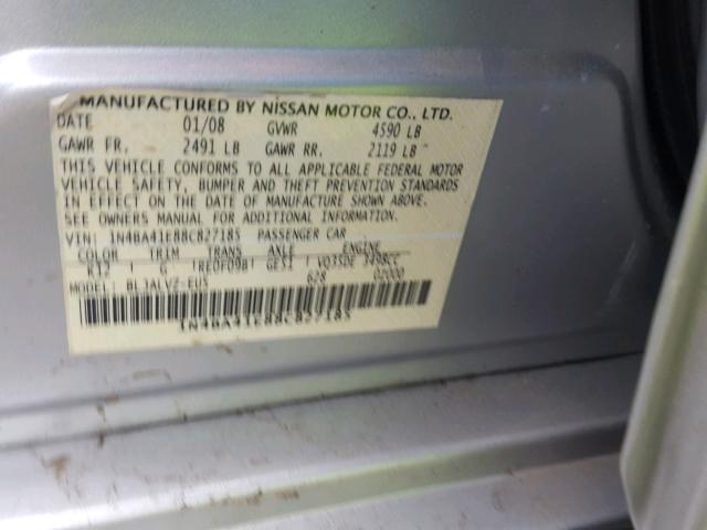 1N4BA41E88C827185 - 2008 NISSAN MAXIMA SE SILVER photo 10