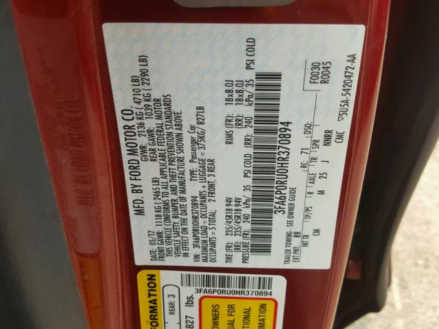 3FA6P0RU0HR370894 - 2017 FORD FUSION TIT RED photo 10