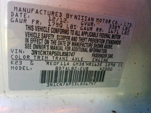 3N1CN7AP5DL856747 - 2013 NISSAN VERSA S SILVER photo 10