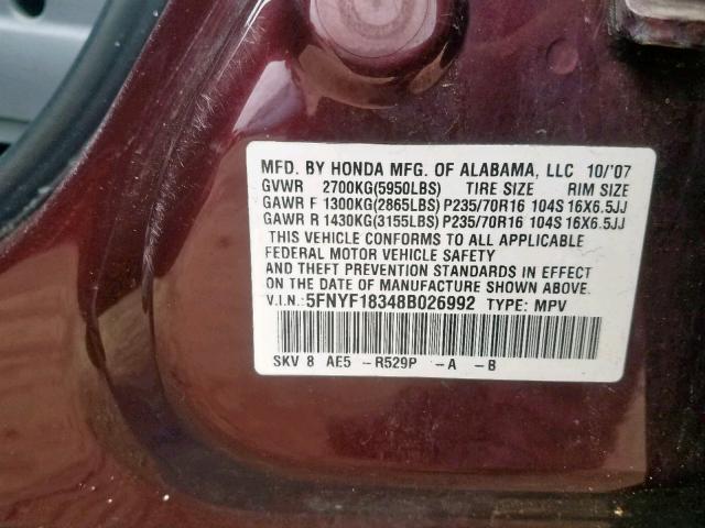 5FNYF18348B026992 - 2008 HONDA PILOT SE BURGUNDY photo 10