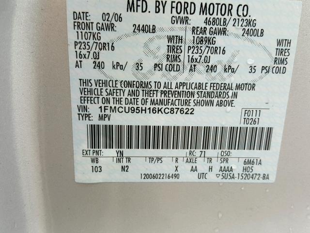 1FMCU95H16KC87622 - 2006 FORD ESCAPE HEV SILVER photo 10