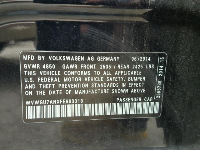 WVWGU7ANXFE803318 - 2015 VOLKSWAGEN CC VR6 4MO BLACK photo 10