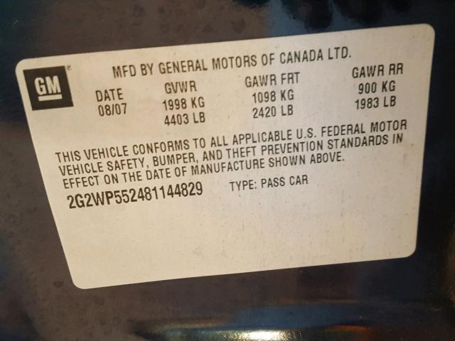 2G2WP552481144829 - 2008 PONTIAC GRAND PRIX Көк фото 10