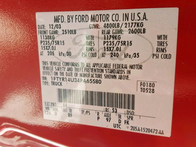 1FTYR14U34PA65580 - 2004 FORD RANGER SUP RED photo 10