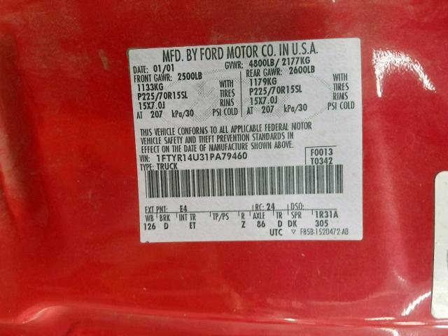 1FTYR14U31PA79460 - 2001 FORD RANGER SUP RED photo 10