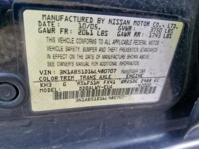 3N1AB51D16L480707 - 2006 NISSAN SENTRA SE- BLACK photo 10