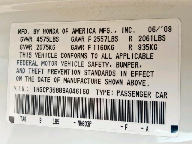 1HGCP36889A046160 - 2009 HONDA ACCORD EXL WHITE photo 10