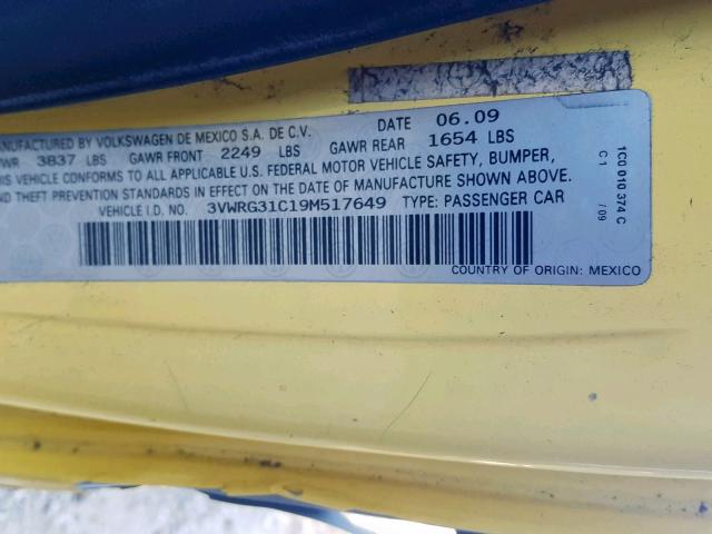 3VWRG31C19M517649 - 2009 VOLKSWAGEN NEW BEETLE 黄色 照片 10