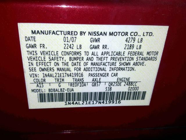 1N4AL21E17N419916 - 2007 NISSAN ALTIMA 2.5 RED photo 10