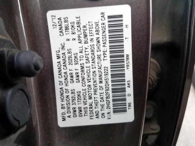 2HGFB2F92DH519222 - 2013 HONDA CIVIC EXL 棕色 照片 10