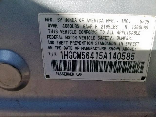 1HGCM56415A140585 - 2005 HONDA ACCORD LX SILVER photo 10