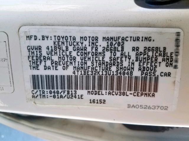 4T1BE32K13U134048 - 2003 TOYOTA CAMRY LE WHITE photo 10