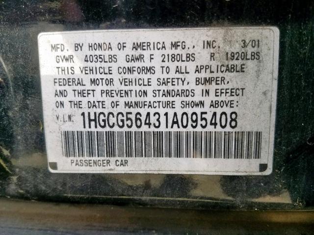 1HGCG56431A095408 - 2001 HONDA ACCORD LX BLACK photo 10