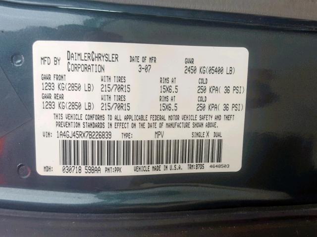 1A4GJ45RX7B226839 - 2007 CHRYSLER TOWN & COU BLUE photo 10