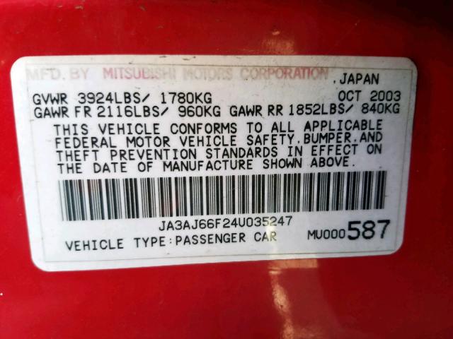 JA3AJ66F24U035247 - 2004 MITSUBISHI LANCER RAL RED photo 10