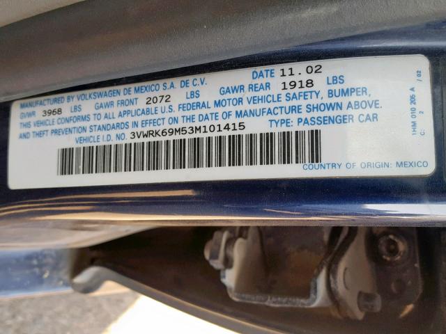 3VWRK69M53M101415 - 2003 VOLKSWAGEN JETTA GL BLUE photo 10