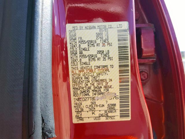 1N6ED27T83C466376 - 2003 NISSAN FRONTIER C RED photo 10