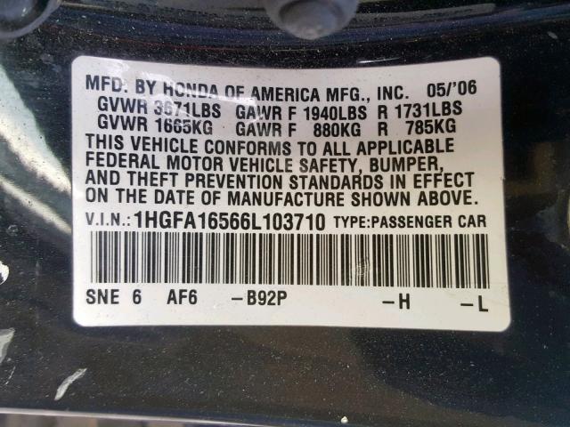 1HGFA16566L103710 - 2006 HONDA CIVIC LX BLACK photo 10