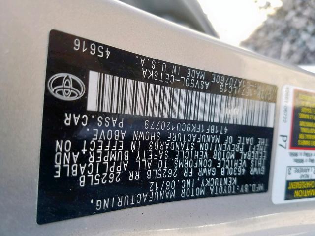 4T1BF1FK9CU120779 - 2012 TOYOTA CAMRY BASE SILVER photo 10