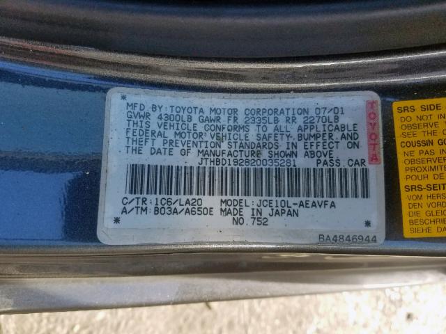 JTHBD192820035281 - 2002 LEXUS IS 300 BLACK photo 10