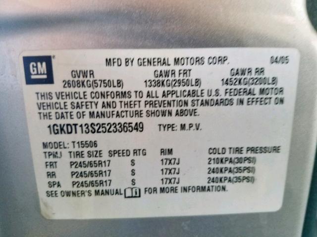 1GKDT13S252336549 - 2005 GMC ENVOY SILVER photo 10