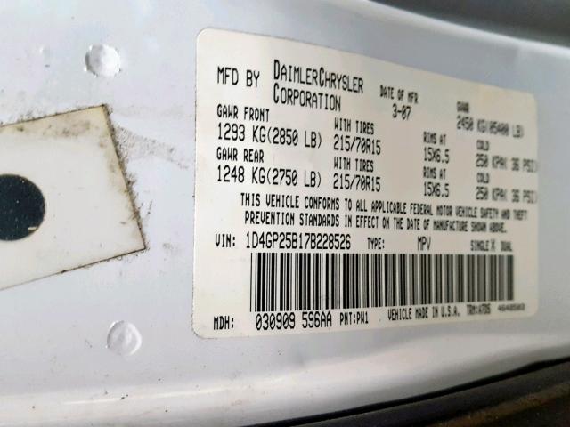 1D4GP25B17B228526 - 2007 DODGE CARAVAN SE WHITE photo 10