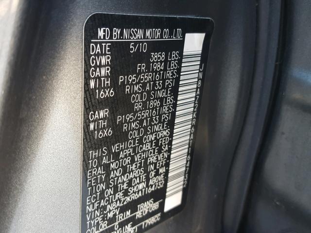 JN8AZ2KR6AT164732 - 2010 NISSAN CUBE BASE GRAY photo 10