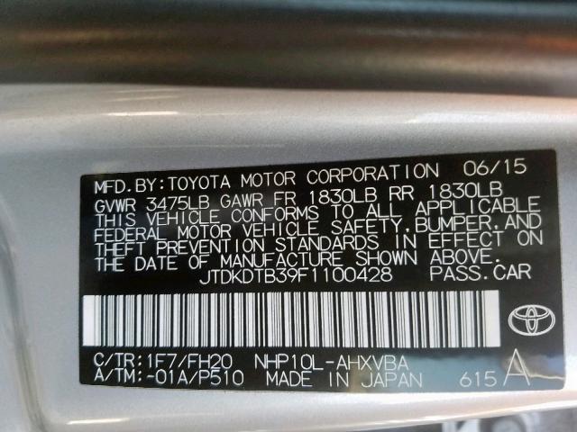 JTDKDTB39F1100428 - 2015 TOYOTA PRIUS C SILVER photo 10