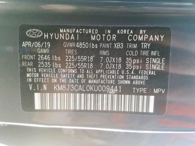 KM8J3CAL0KU009441 - 2019 HYUNDAI TUCSON LIM BLACK photo 10