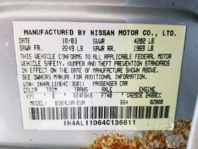 1N4AL11D64C136811 - 2004 NISSAN ALTIMA BAS TAN photo 10