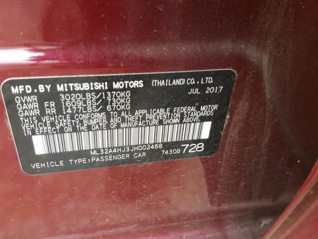 ML32A4HJ3JH002468 - 2018 MITSUBISHI MIRAGE SE PURPLE photo 10