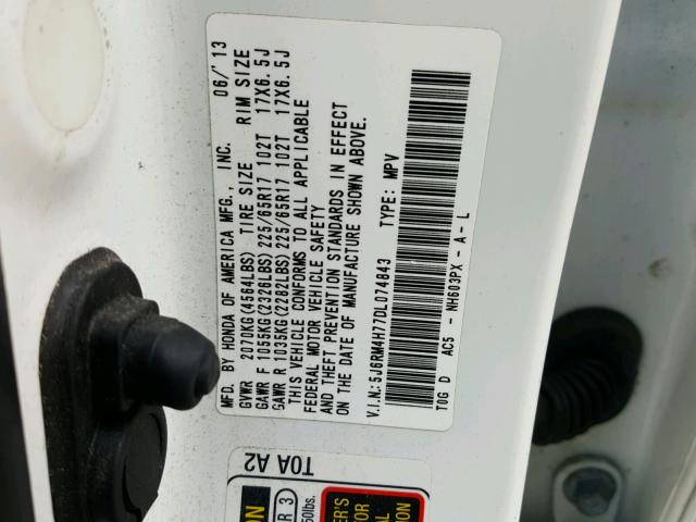 5J6RM4H77DL074843 - 2013 HONDA CR-V EXL WHITE photo 10