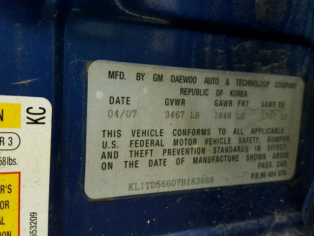 KL1TD56607B183688 - 2007 CHEVROLET AVEO BASE Көк фото 10
