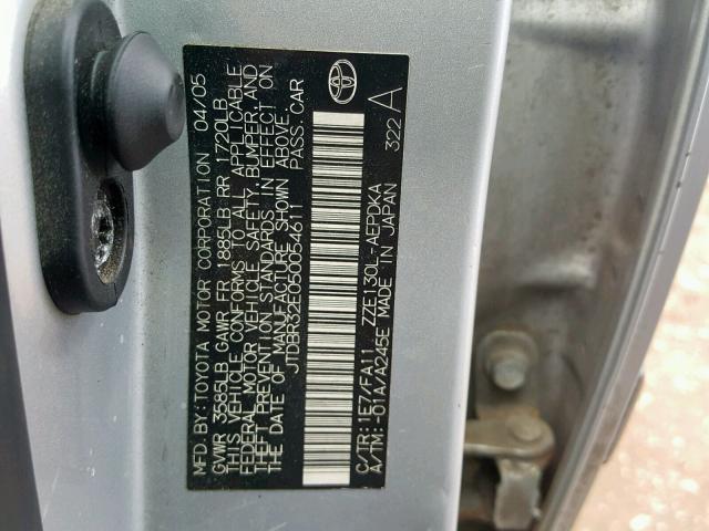 JTDBR32E050054611 - 2005 TOYOTA COROLLA CE SILVER photo 10