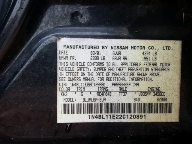 1N4BL11E22C120891 - 2002 NISSAN ALTIMA SE BLACK photo 10