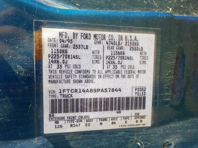 1FTCR14A8SPA57844 - 1995 FORD RANGER SUP GREEN photo 10