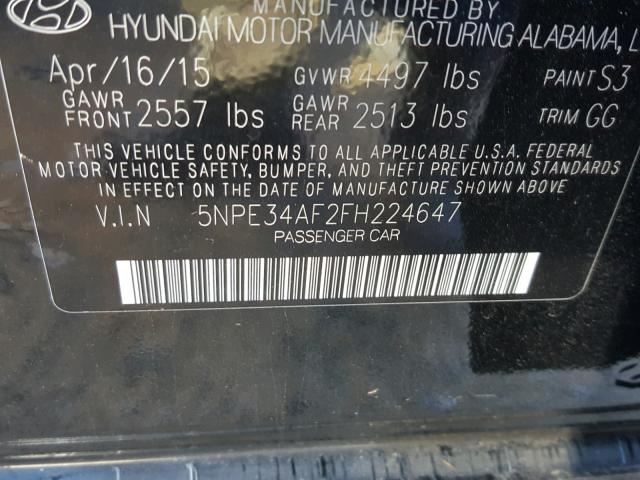 5NPE34AF2FH224647 - 2015 HYUNDAI SONATA SPO BLACK photo 10